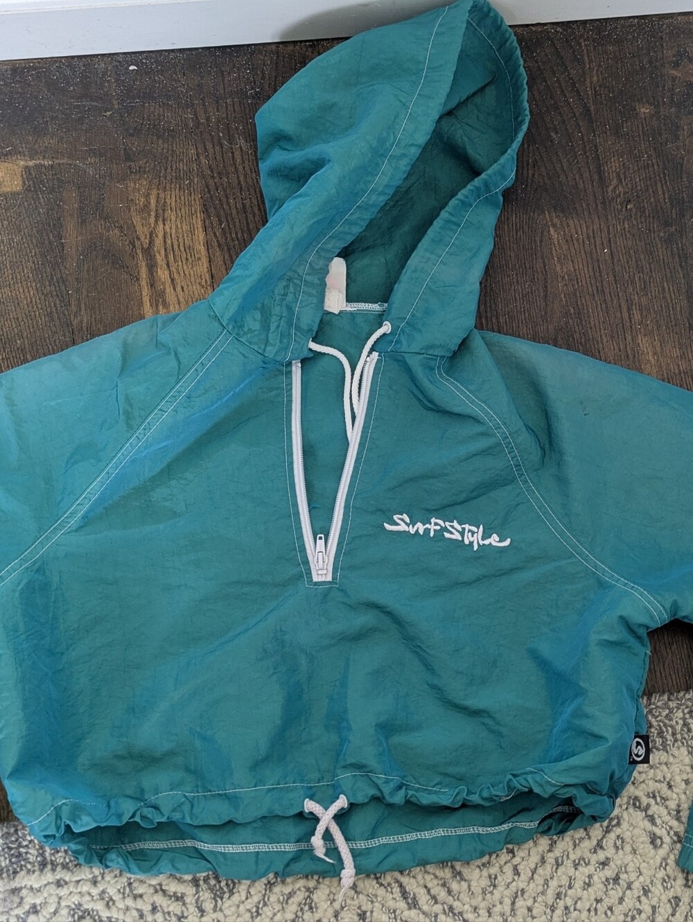 Women's Vintage Cropped Windbreaker Petite Small Metallic Blue/Green Hooded